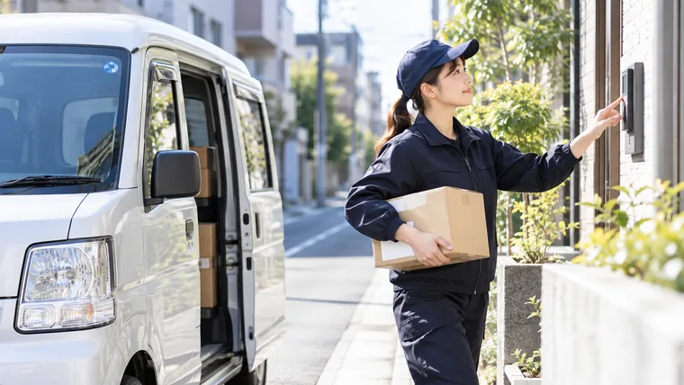 軽バンから荷物を届ける配送スタッフ